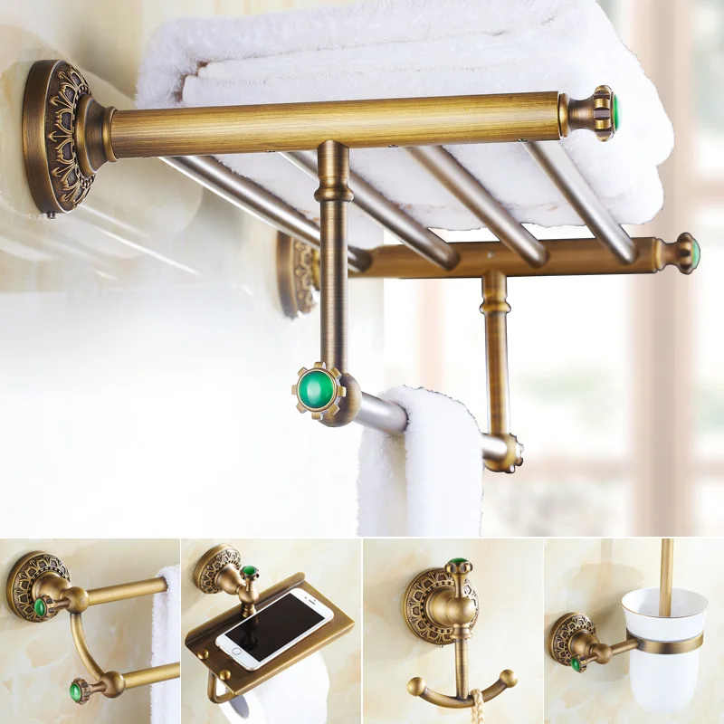 

Emerald Antique Brass Green Stone Bathroom Hardware Set Carved Brushed Bathroom Hardware Accessories Set