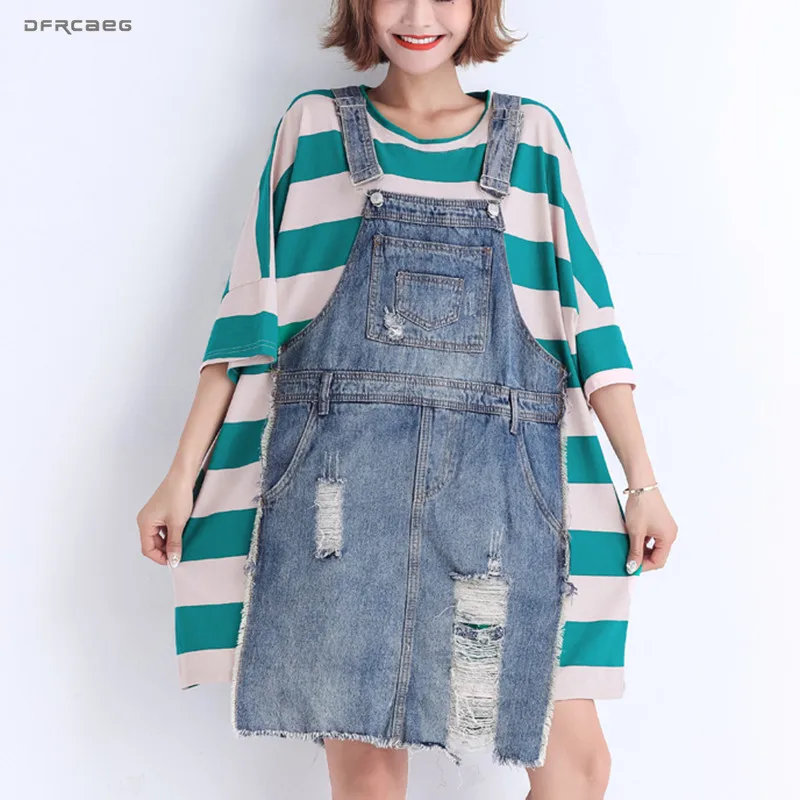 

Loose Big Size Jeans Striped Shirt Dress Summer 2019 Fashion Fake Two Pieces Patchwork Denim Dresses Short Sleeve Casual Vestido
