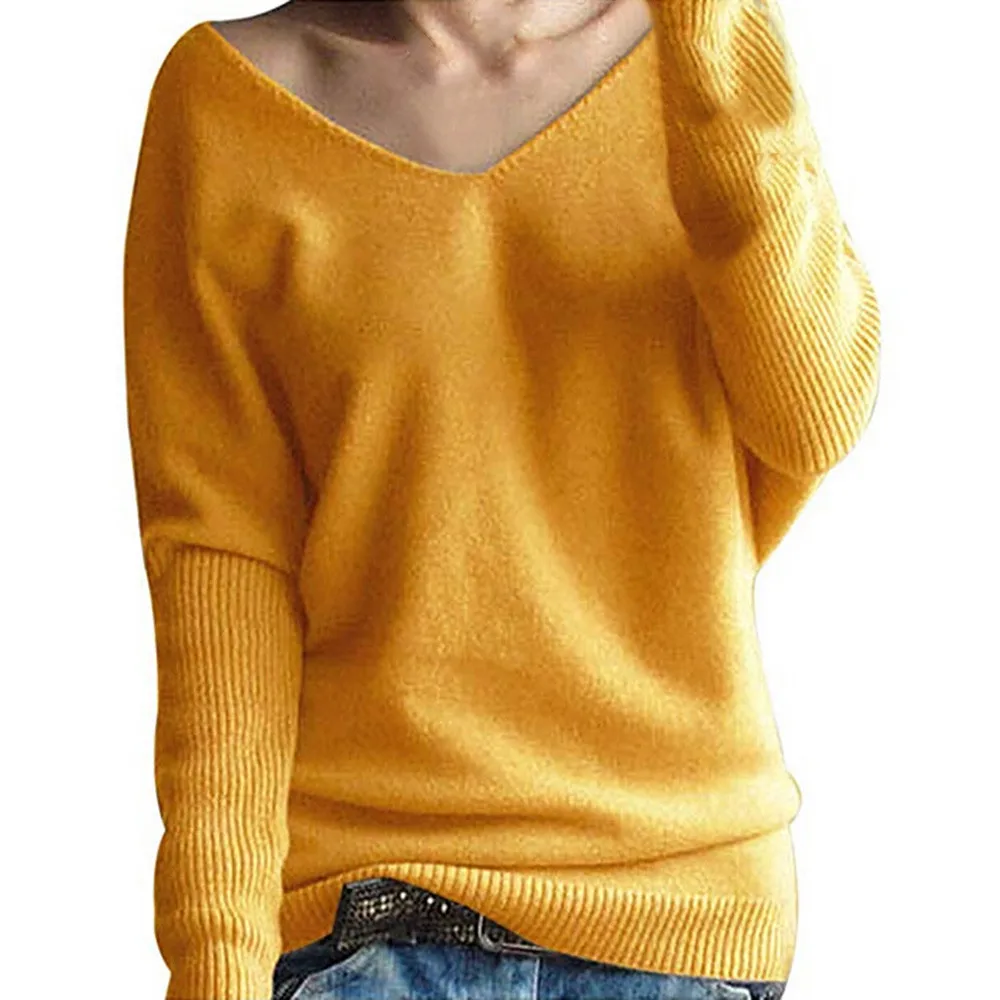 SAGACE, свободные, длинные, v-образный вырез, вязанные, женские свитера и пуловеры, топы, блуза, высокое качество, женский пуловер, свитер, корейский стиль - Цвет: Цвет: желтый