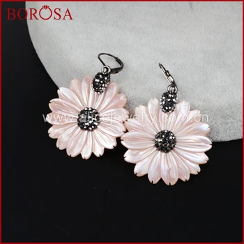 

BOROSA Chrysanthemum Flower Shape Drop Earring for Women, Rhinestone Pave Bead Shell Daisy Dangle Earrings JAB523
