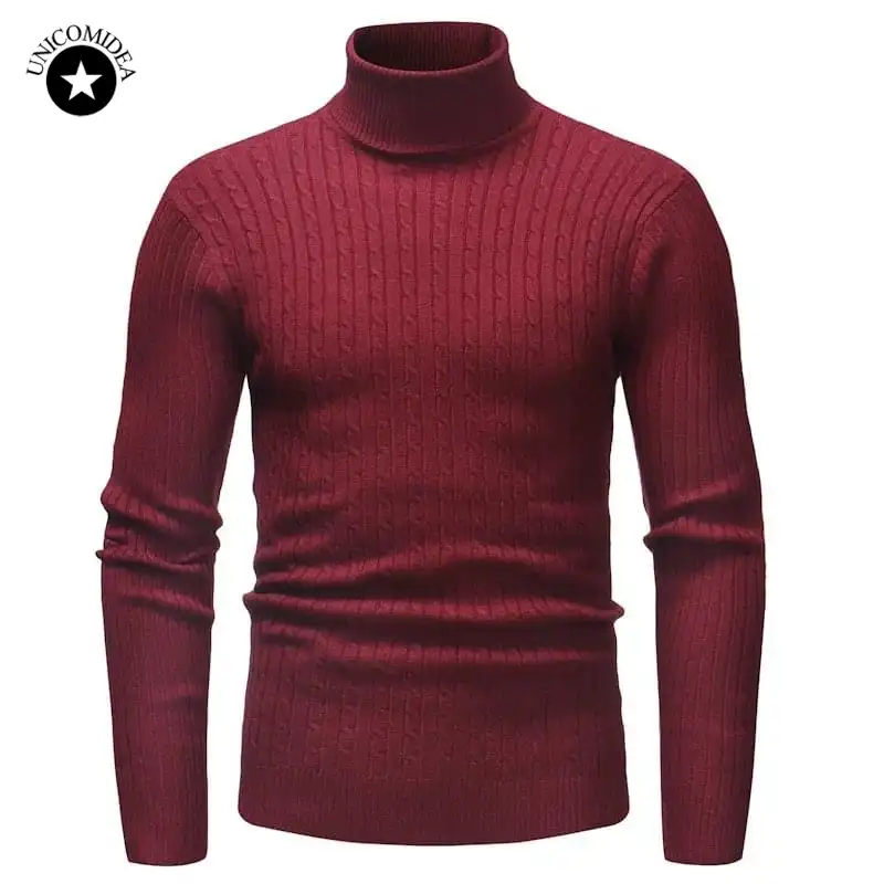 Turtleneck Mens Cardigan Sweater High Neck Pullover Slim Fit Wool Blend Knitwear