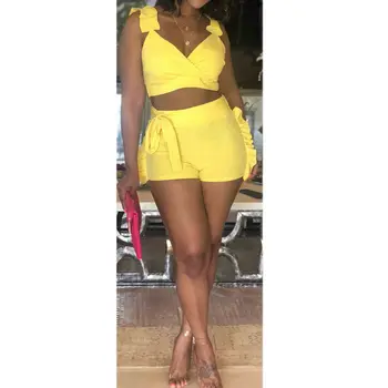

New Fashion Style Sexy Women Summer Solid Two Sets Sleeveless V-neck Short Clothing Tight Short Pant
