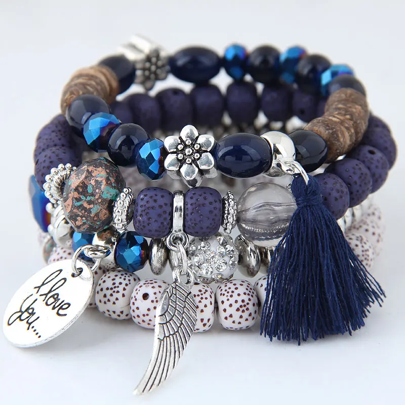 

4Pcs/Set Bohemian Beads Charm Bracelets Bangles For Women Angel Wings Tassel Multilayer Strand Bracelets Sets Jewelry Gifts