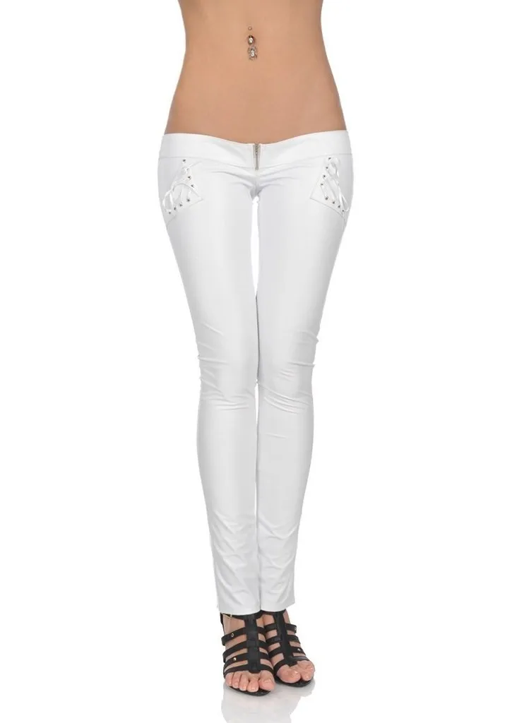 Sexy Low Rise White Pants Hipster Jeans Lace Up Women Lady Glossy Zip Up Pu Leather Fashion