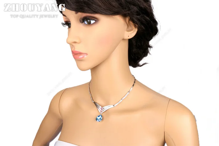 ZHOUYANG ZYN566 Silver Color Water Drop Blue Crystal Wedding Necklace with Top Grade Marquise-cut CZ Bridal Necklace