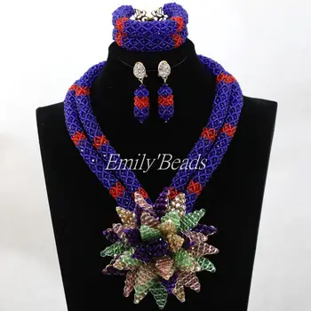 

Multicolored African Wedding Beads Necklace Set Costume Nigerian Beads Crystal Jewelry Set Flower Pendant Free Shipping ALJ431