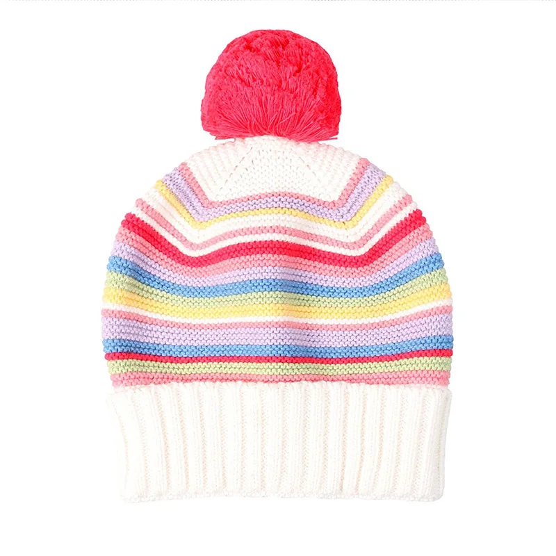 Rainbow Stripe Baby Beanies Warm Hat Winter Thick Crochet Cotton Infant Girls Caps High Quality Comfortable with Pompom 2019 New (5)