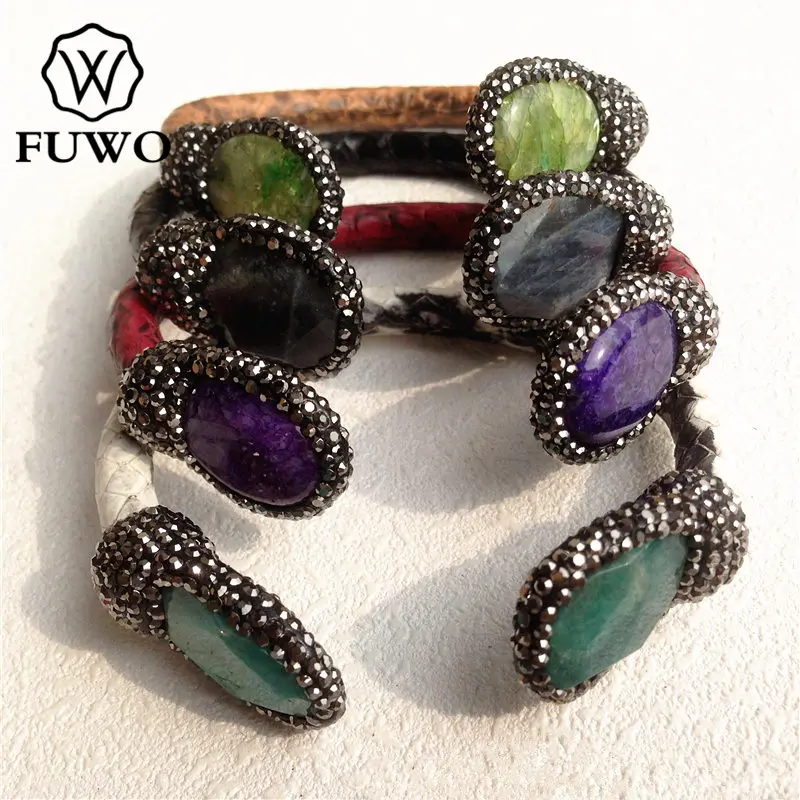 FUWO Natural Gem Stone Snake Skin Bangles With Rhinestone Paved Fashion Double Multicolor Wholesale BG1501 | Украшения и