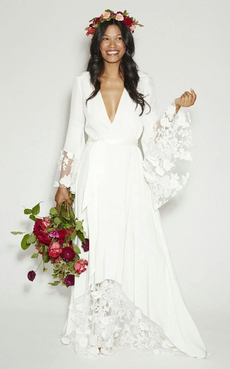 

fast shipping in stock floor length v neck bridal gown white lace and chiffon long sleeves plus size cheap wedding dresses