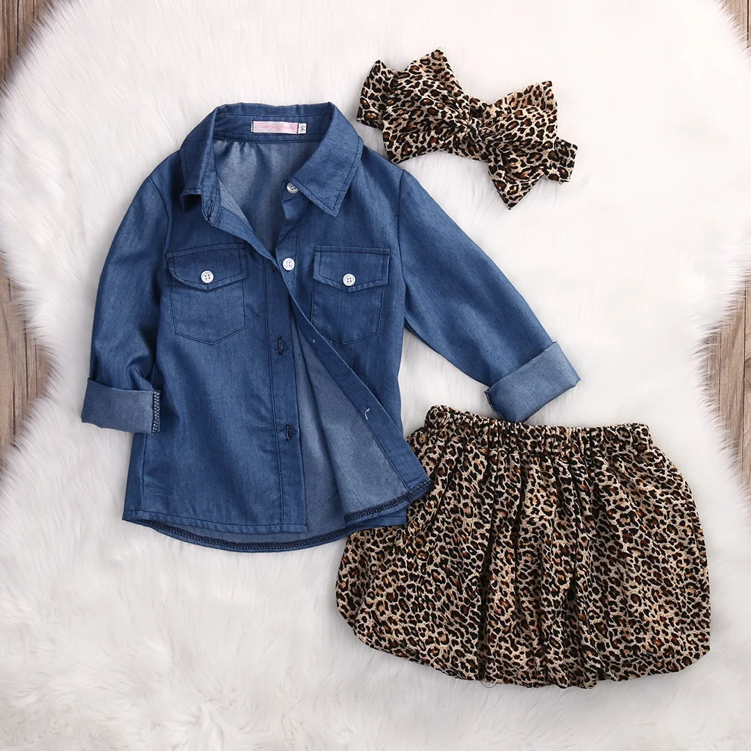 Одежда для маленьких девочек из 3 предметов, джинсовая футболка, Топы, леопардовая юбка с длинными рукавами, комплект детской одежды, одежда для девочек