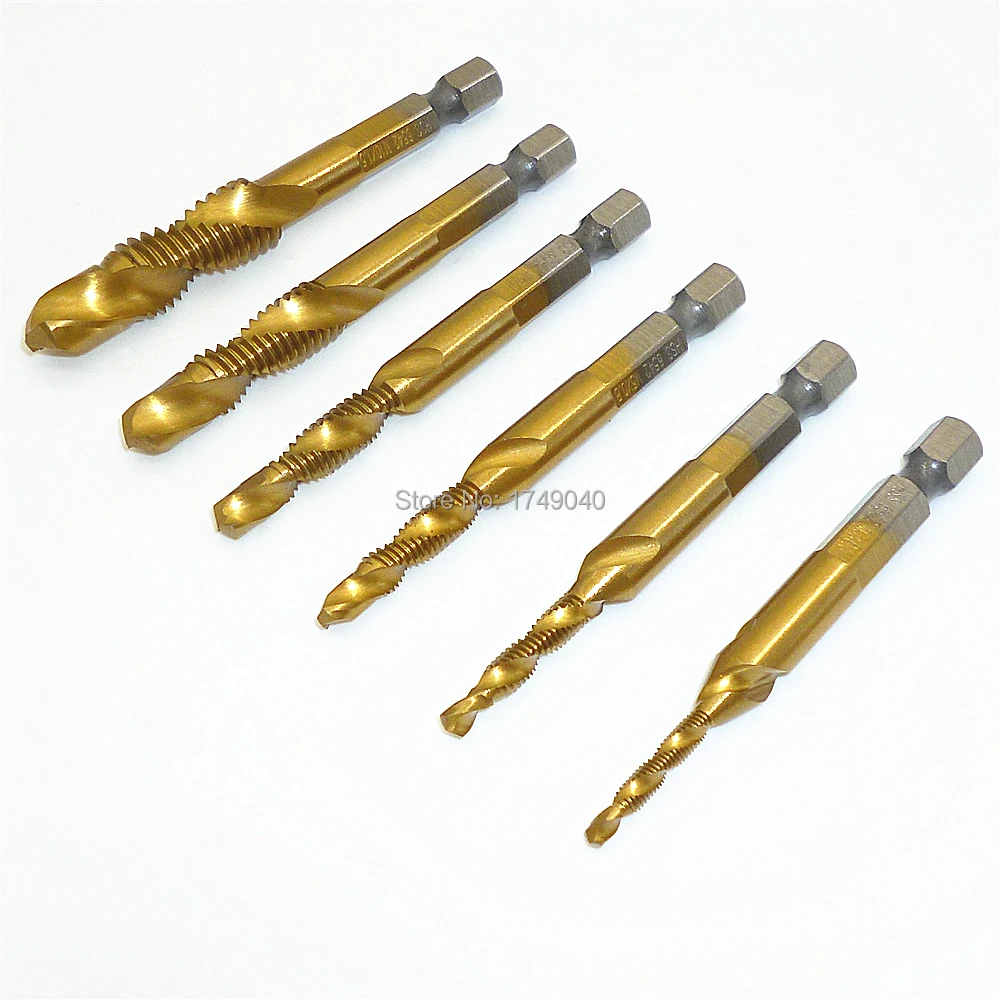 6pcs Metric 1/4" Hex Spiral Screw Tap Drill Bit HSS Titanium Machine