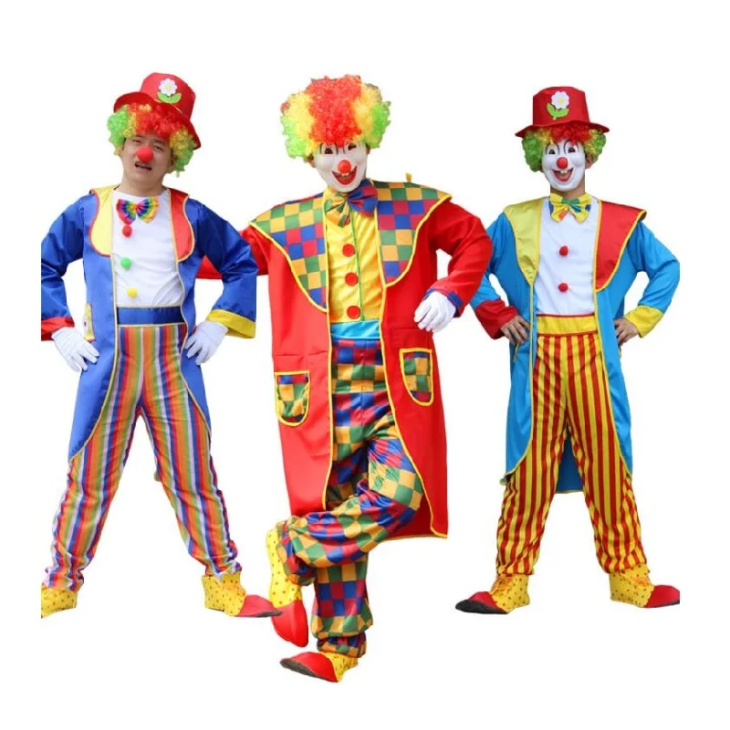 Стиль праздник разнообразие Смешной клоун Cospaly Костюм Человек Взрослый клоун пальто и комбинезон вечерние платья джокер костюм без реквизит