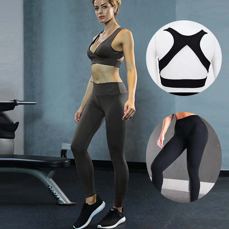 

Women Fitness Jumpsuits 2 Pieces Yoga Sets Sponge Bras & Tight Leggings Fit Lady Gym Training Active Wear Workout Clothes Sets