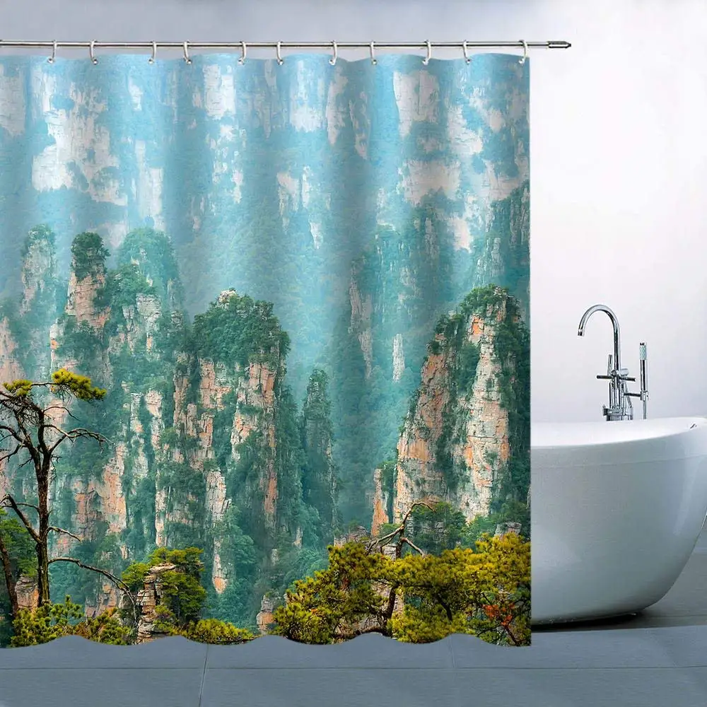 Personality Natural Scenery Theme Shower Curtain Rock Mountains Green