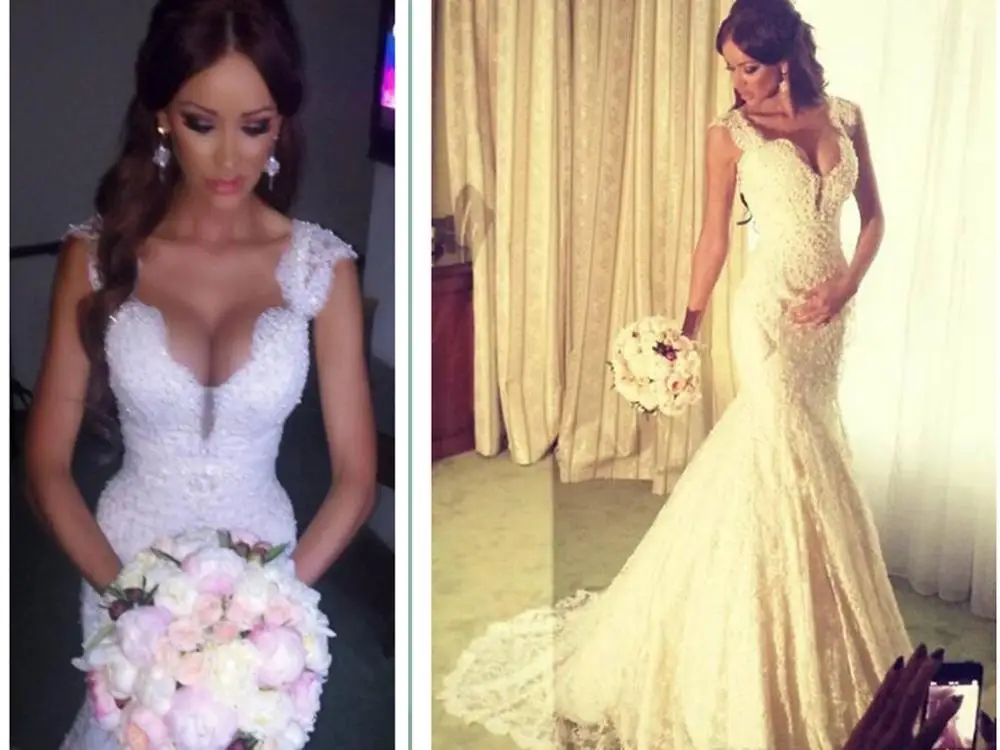 

Mermaid Lace Wedding Dresses 2016 V-Neck Sleeveless Backless Sweep Train Applique and Sequins Crystal 2016 White Bridal Gowns