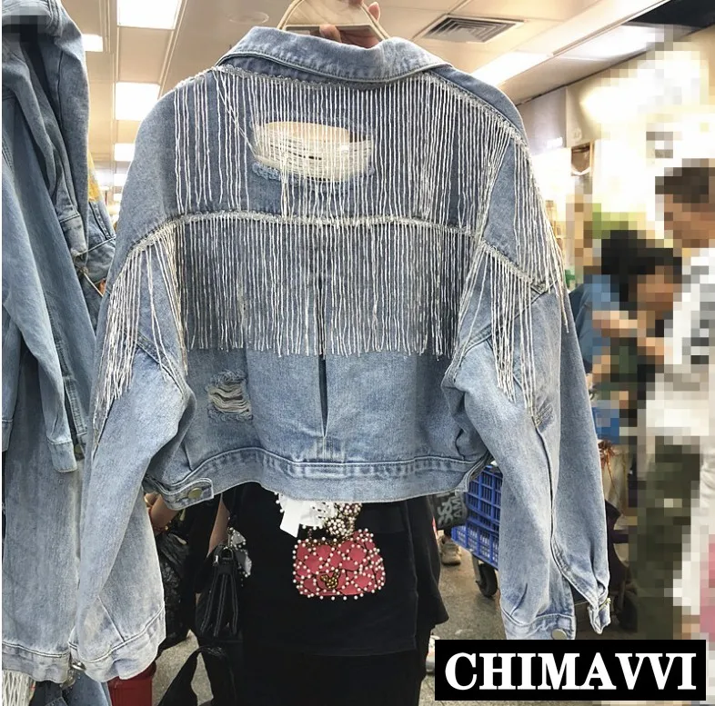 

Cowboy Coat Women Spring and Autumn Hole Back Beaded Fringed Short Jeans Jacket Female Loose Blue Denim Coats Student Streetwear