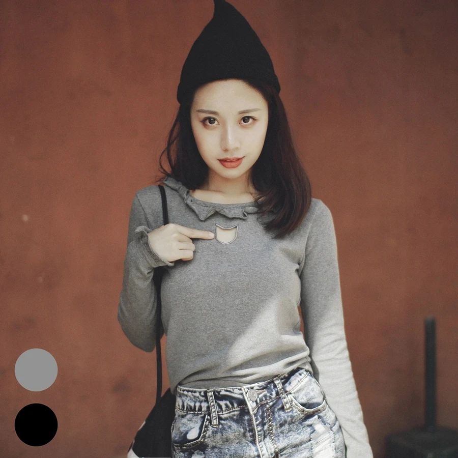 

Cute Lolita Long Sleeve T Shirt Women Sexy Cat Hollow Out Chest Ruffles Round Collar Tops White/Grey