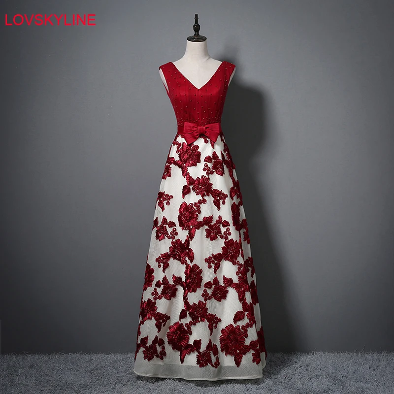 

Vestido de festa New Coming Robe De Soiree V Neck with Lace Beads Bow Appliques Long Tulle Party Evening Dresses 2018 Rose Red