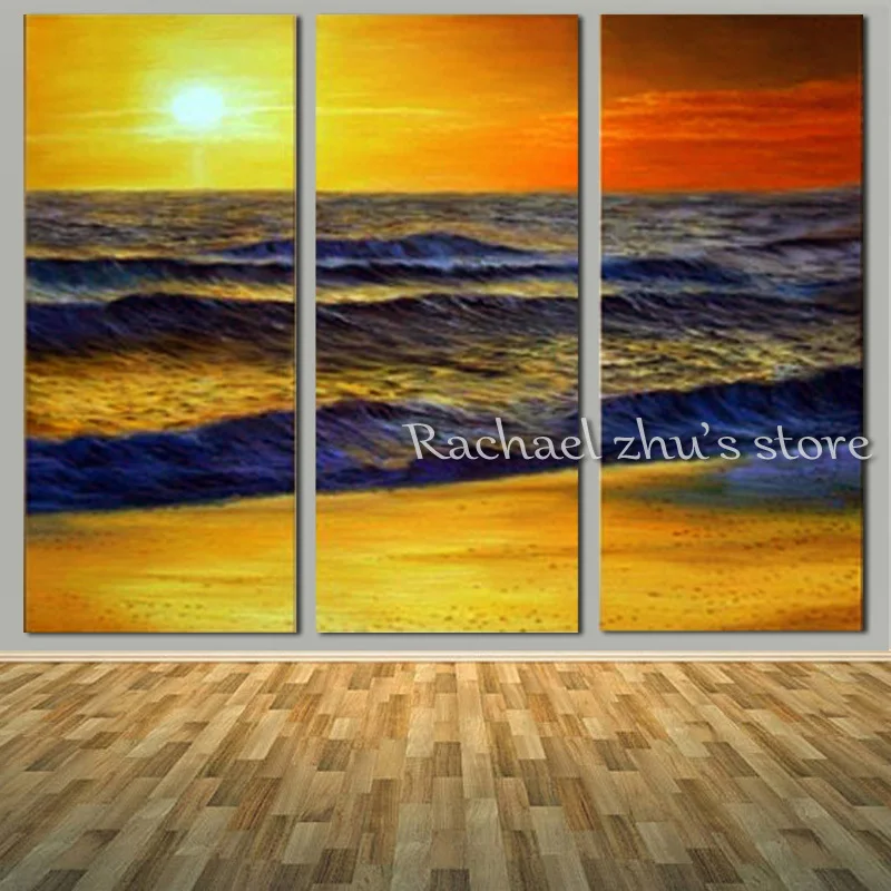 

Hand Painted Abstract Seascape Beach Oil Painting On Canvas Three Pieces Sunset Scenry Art Wall Pictures Living Room Home Decor