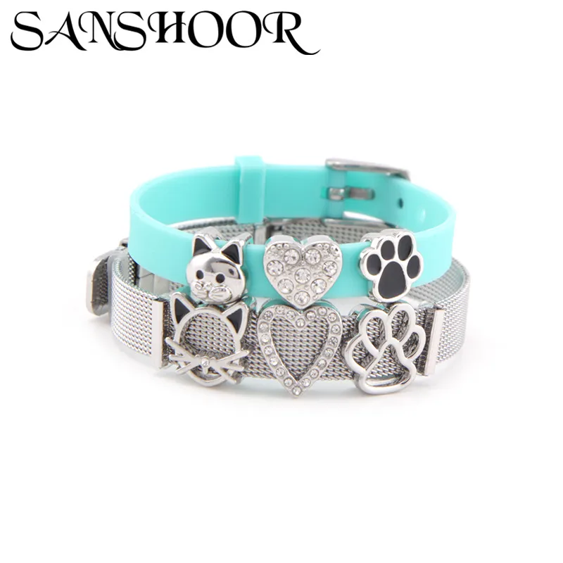 

SANSHOOR Jewelry Stainless Steel Rubber Mesh Bracelet Set with Cute Cat & Dog Paw & Heart DIY Slide Charms for Mother or Kids