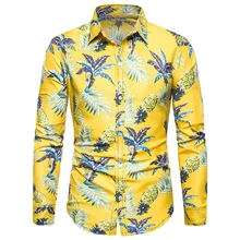 MarKyi, модные Гавайские рубашки в пляжном стиле, мужские рубашки с принтом ананаса, мужские рубашки с длинным рукавом, повседневные желтые рубашки