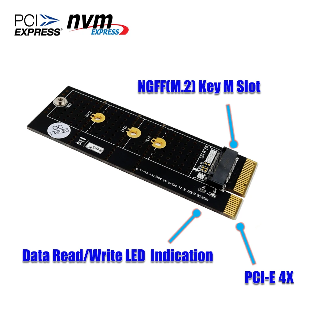 NGFF(M.2) nvme M key SSD для адаптера pci-e 4X(вертикальная установка), NGFF(M.2) nvme M key SSD, адаптер pci-e 4X, твердотельный диск