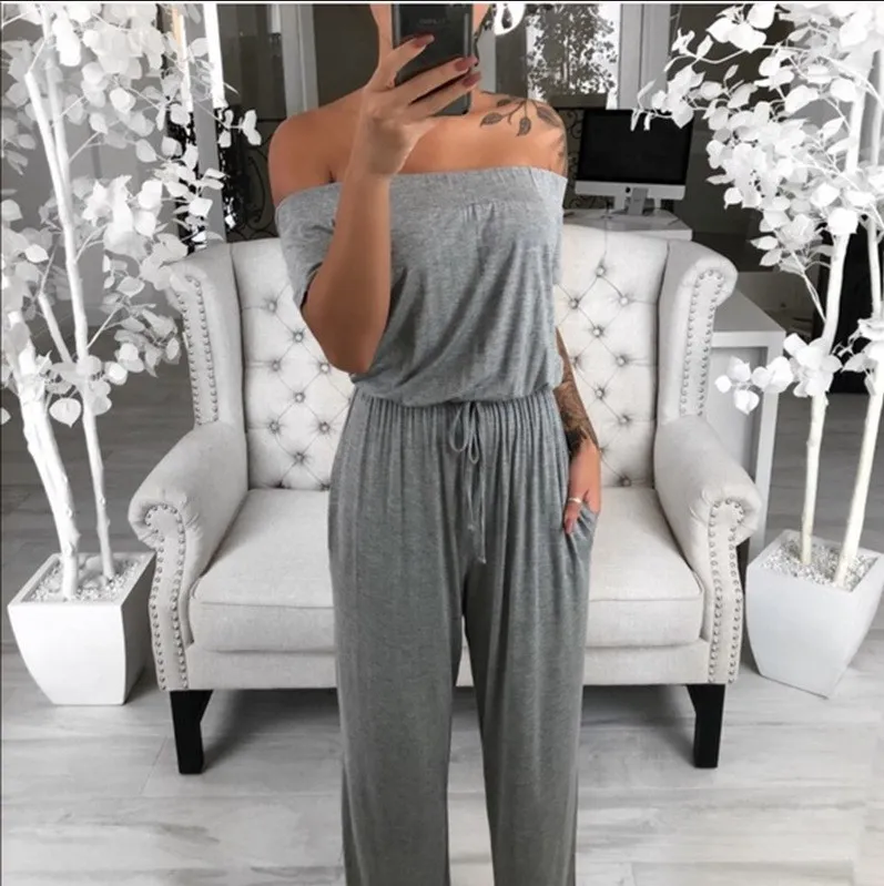 

2019 Sexy Solid Color Square Neck Jumpsuit Women Summer Short Sleeve Loose Romper Female Casual Long Overalls