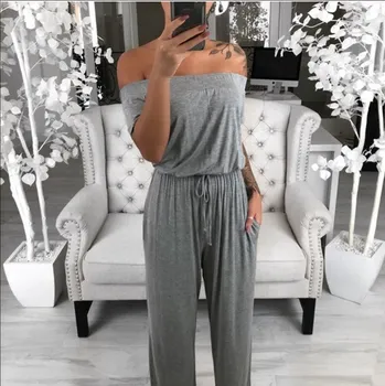

2019 Sexy Solid Color Square Neck Jumpsuit Women Summer Short Sleeve Loose Romper Female Casual Long Overalls
