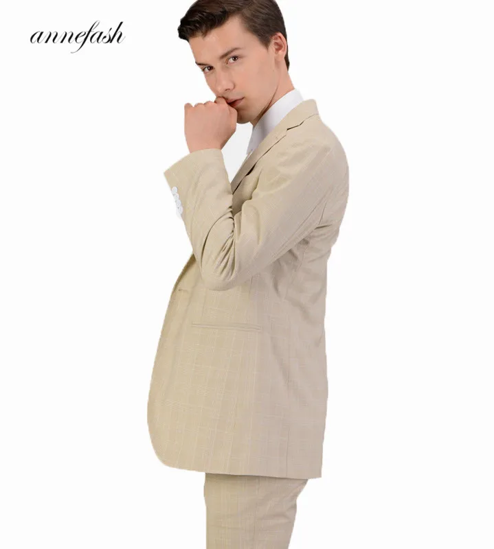 Made high quality 150's worsted wool beige windowpane Men Suit for wedding bridegroom groom suit