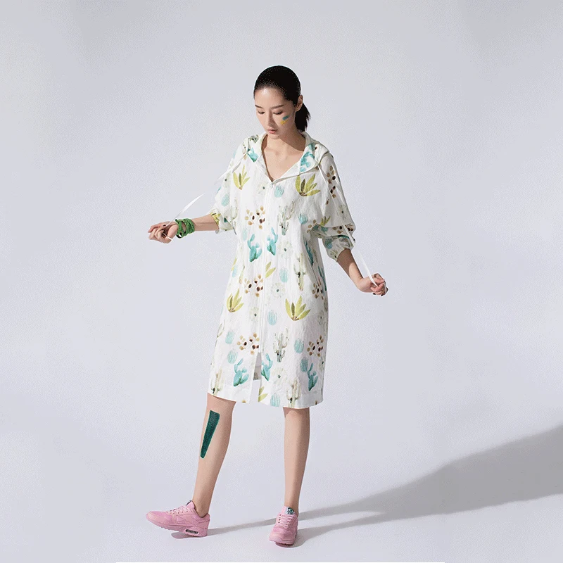 

LYNETTE'S CHINOISERIE 2017 Summer Autumn Women white print with a hood casual medium-long zipper women's dress