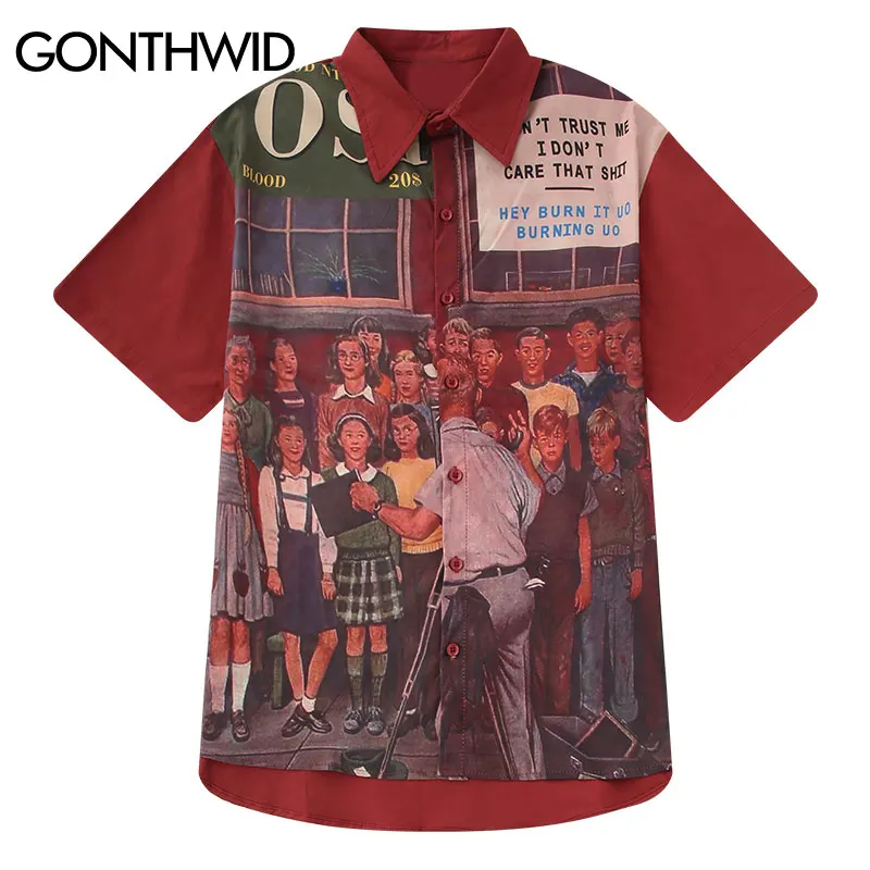 

GONTHWID Vintage Painting Print Short Sleeve Dress Shirts Streetwear Summer Men Casual Beach Shirt Hip Hop Harajuku Fashion Tops