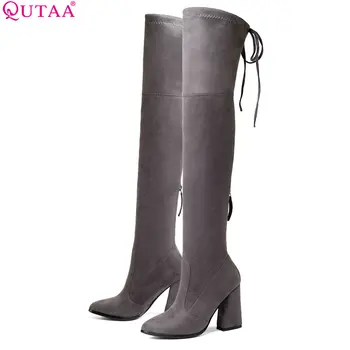 

QUTAA 2020 Women Over The Knee High Boots Fashion Women Shoes Platform Hoof Heels Sexy Stretch Fabric Women Boots Size 34-43