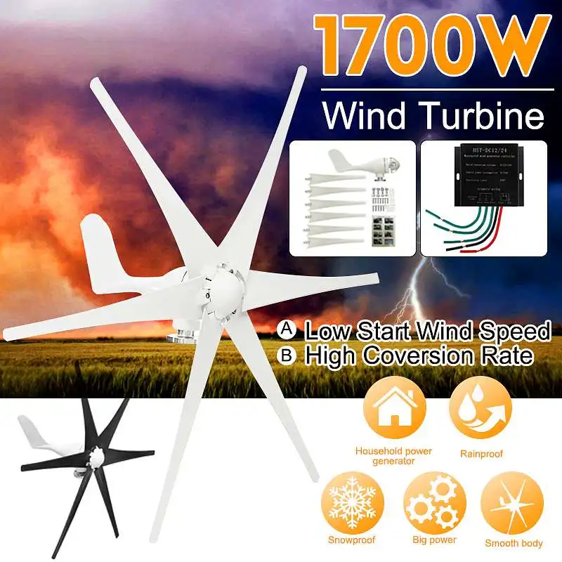 

1700W 12V 24V 48 Volt 6 Wind Blade Wind Turbines Generator Black/White Blade Option + Wind Controller Gift Fit for Home lights