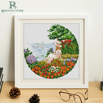 

Romantic Story Cross Stitch Kits Needlework Embroidery Landscape decoration ,Lake,figure round landscape Cross-stitch 2130
