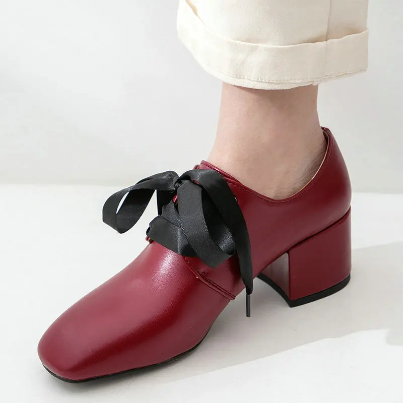 

Vintage Square toe shoes woman 2019 Fashion lace-up work shoes lady New Oxfords