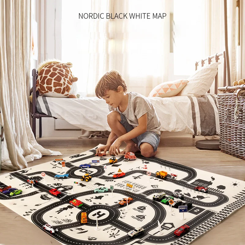 

130*100CM Kids Car Toys City PARKING LOT Roadmap Map DIY Car Model Toy Climbing Mats English Version Cars Toys For Children Baby