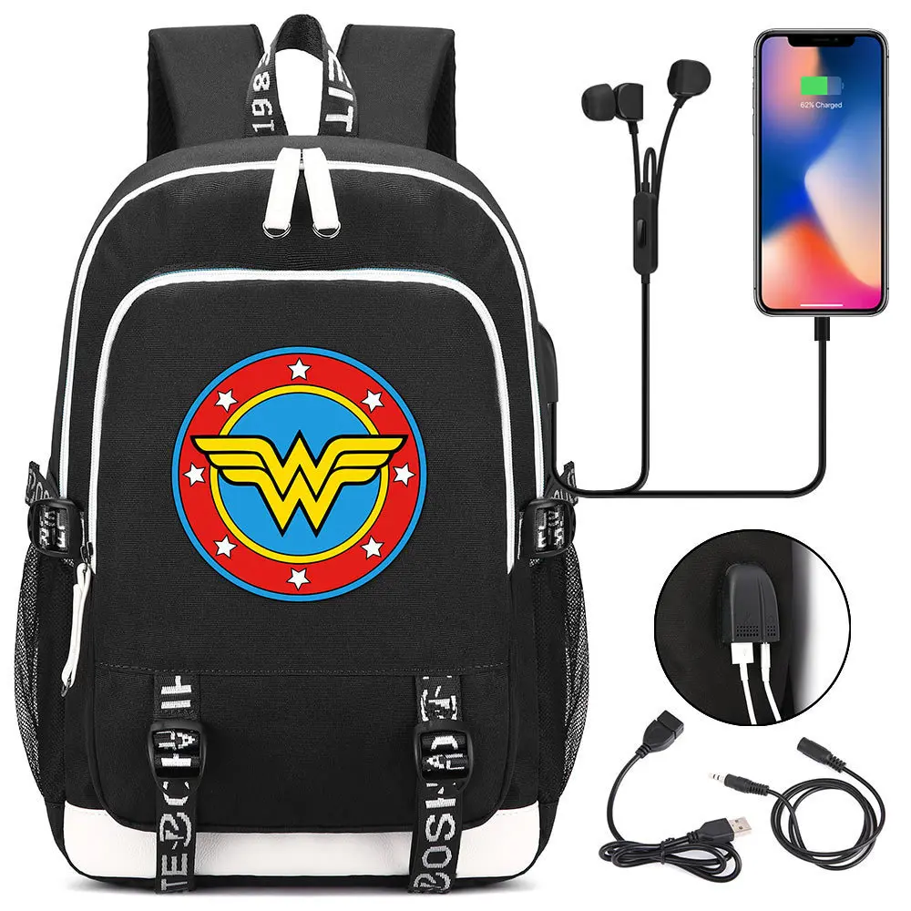 DC Wonder Woman USB Backpack Laptop Bags Cosplay Comics Superhero Kids Teens Shoulder Travel Bags S