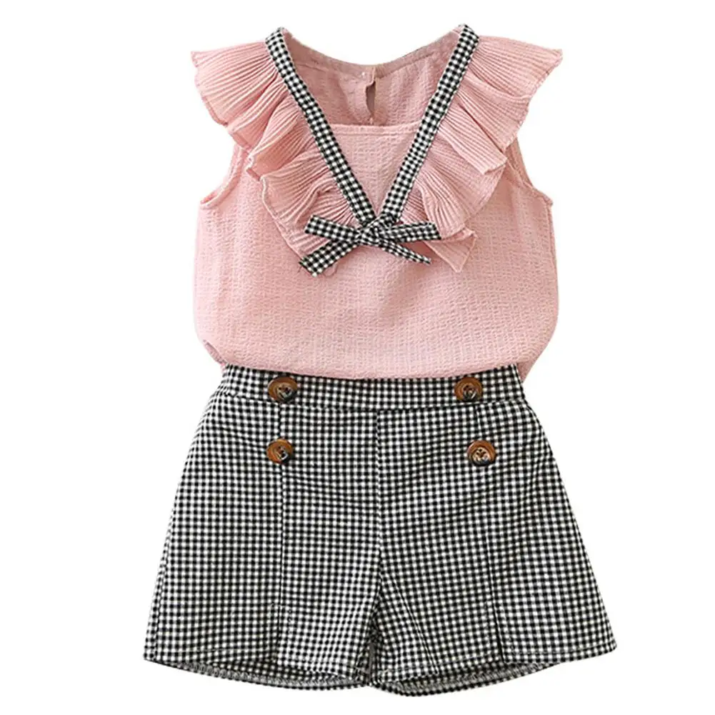 

Girls Chiffon Cute Bowknot Shirt with Plaid Shorts Set