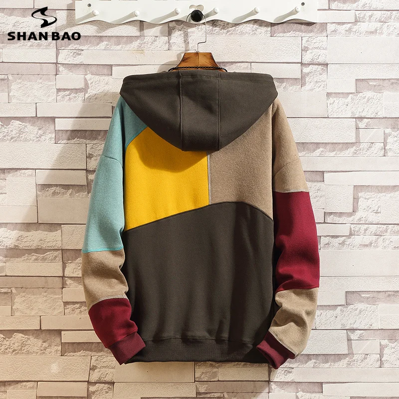 SHANBAO необычный креативный цвет сшивание Мужская мода свободная толстовка Весна хип хоп Высокая уличная тренд флисовая толстовка