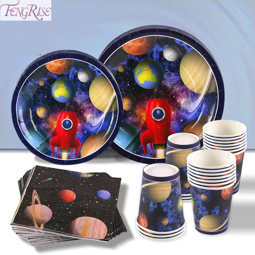 

96PCS UFO Solar System Outer Space Happy Birthday Tableware Decorations Kids Disposable Paper Plates Cups Napkins Baby Shower