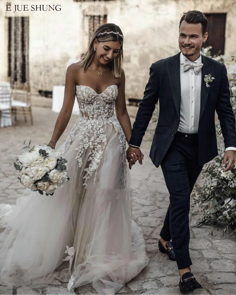 

E JUE SHUNG Lace Appliques Boho Wedding Dresses Sweetheart beach Wedding Gowns Bride Dress robe de mariee