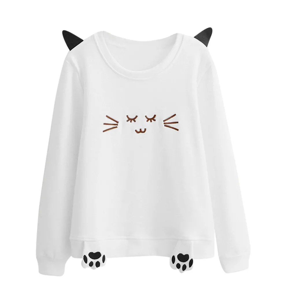

NEW Autumn 2018 Fashion Sweatshirt Female With Ears Cat Print O Neck Long Sleeve Sweatshirts Streetwear Kawaii Sweatshirts