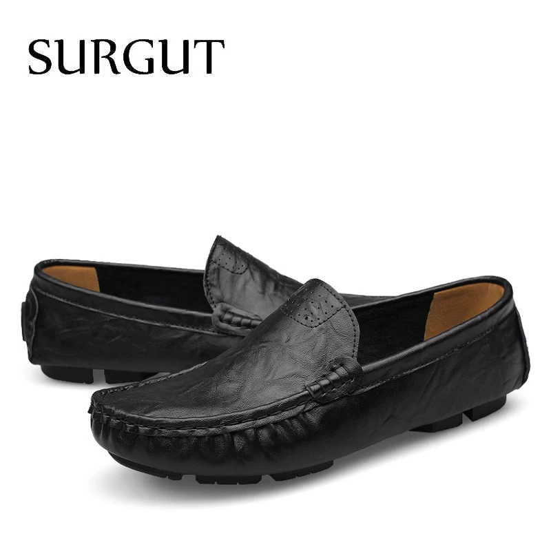 SURGUT Leather & Fur Vintage Genuine Leather Soft Loafers for Men Slip On Moccasins Boat Flats Shoes Big Size 36-50