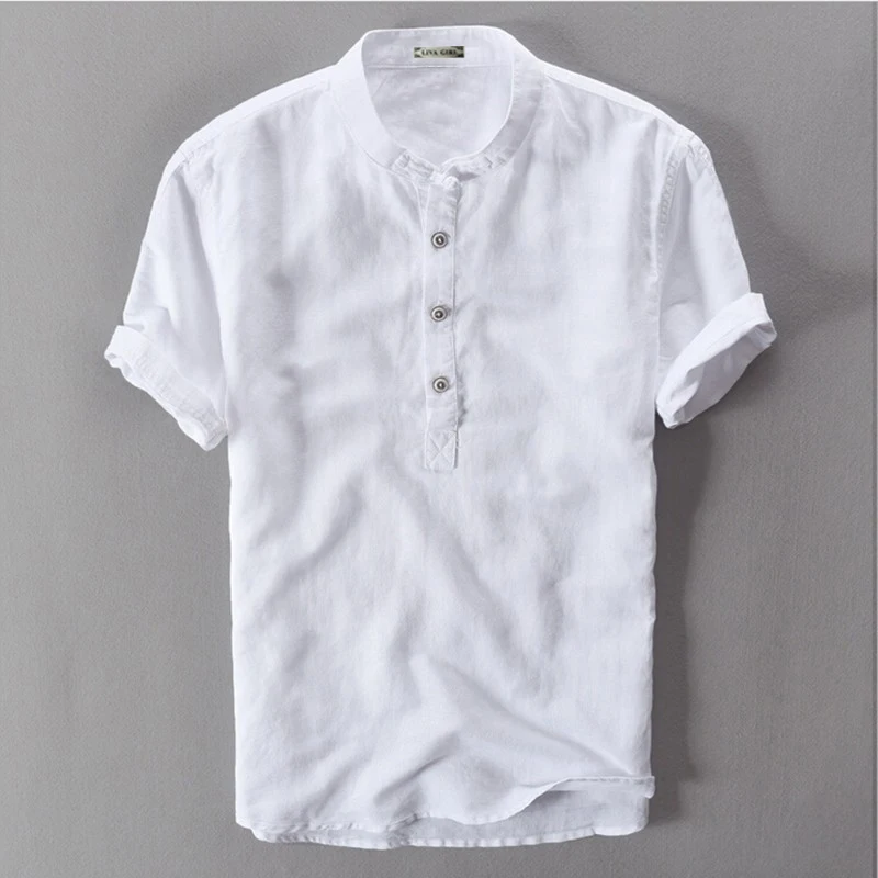 

Sky Blue Grey White Navy Flax Hemp Summer Male Short Sleeve Traditional Chinese Collar Linen Shirt For Men