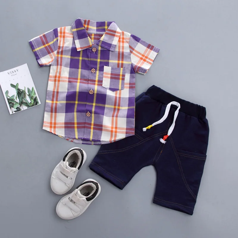 

Summer Baby Boys 2-Pieces Clothing Sets Cotton Short-Sleeved Plaid Shirt + Denim Shorts For 73-110cm