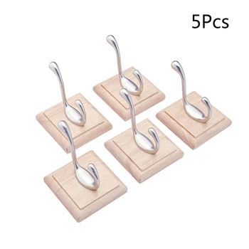 

5pcs Wooden Wall Hook Adhesive Reusable No Nail Sticky Heavy Duty Towel Utility Bath Ceiling Wall Hangers for Bathroom Kitchen