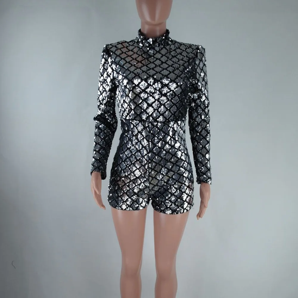 Sequin Playsuit Women Jumpsuit Shorts Long Sleeve Rompers 2018 Ladies Turtleneck Sexy Club Party Jumpsuit Short Femme Bodycon