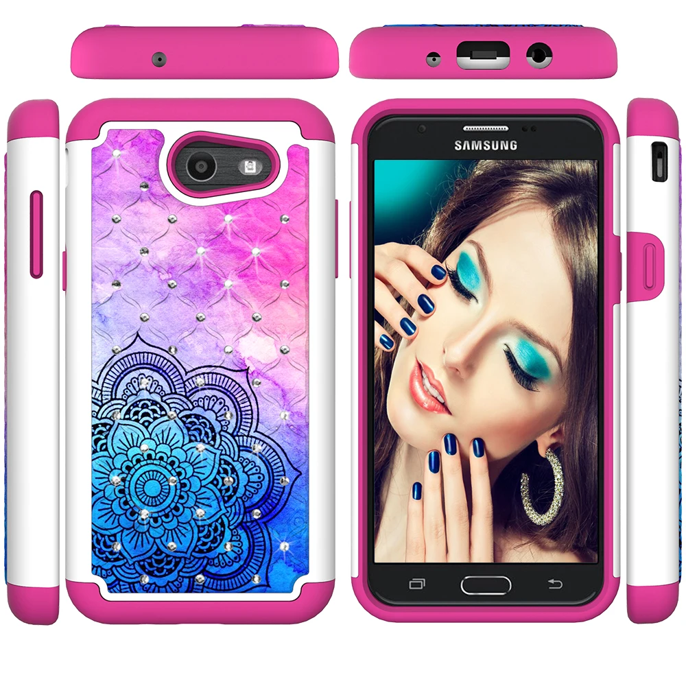 

cute 2 in 1 Painted Flash drilling PC soft cover Anti-fall protection case for Samsung Galaxy J3PRIME J327 shockproof back cover