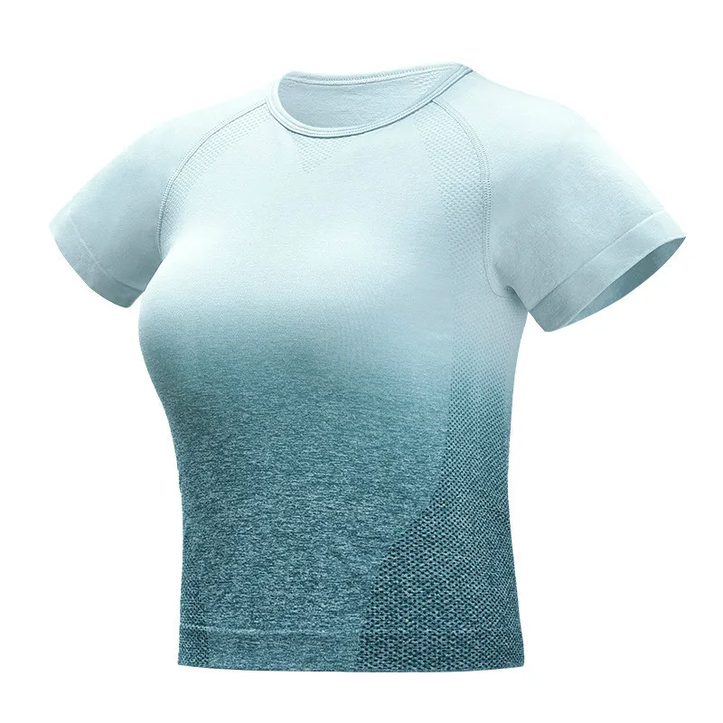 Цветные градиентные спортивные женские рубашки с коротким рукавом, облегающие топы с круглым вырезом для фитнеса, тренажерного зала, быстросохнущие бесшовные спортивные футболки