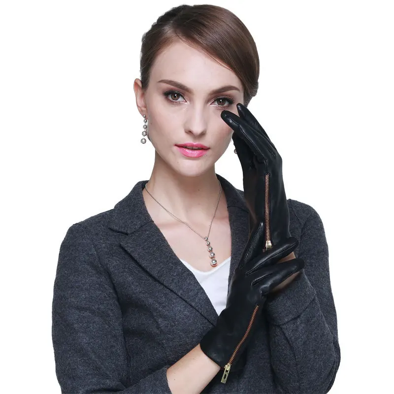 New Arrival Woman's Leather Gloves Keep Warm Sheepskin Zipper Five Fingers Fashionable Female Genuine Leather Gloves A1062-1 New Arrival Woman's Leather Gloves Keep Warm Sheepskin Zipper Five Fingers Fashionable Female Genuine Leather Gloves A1062-1
